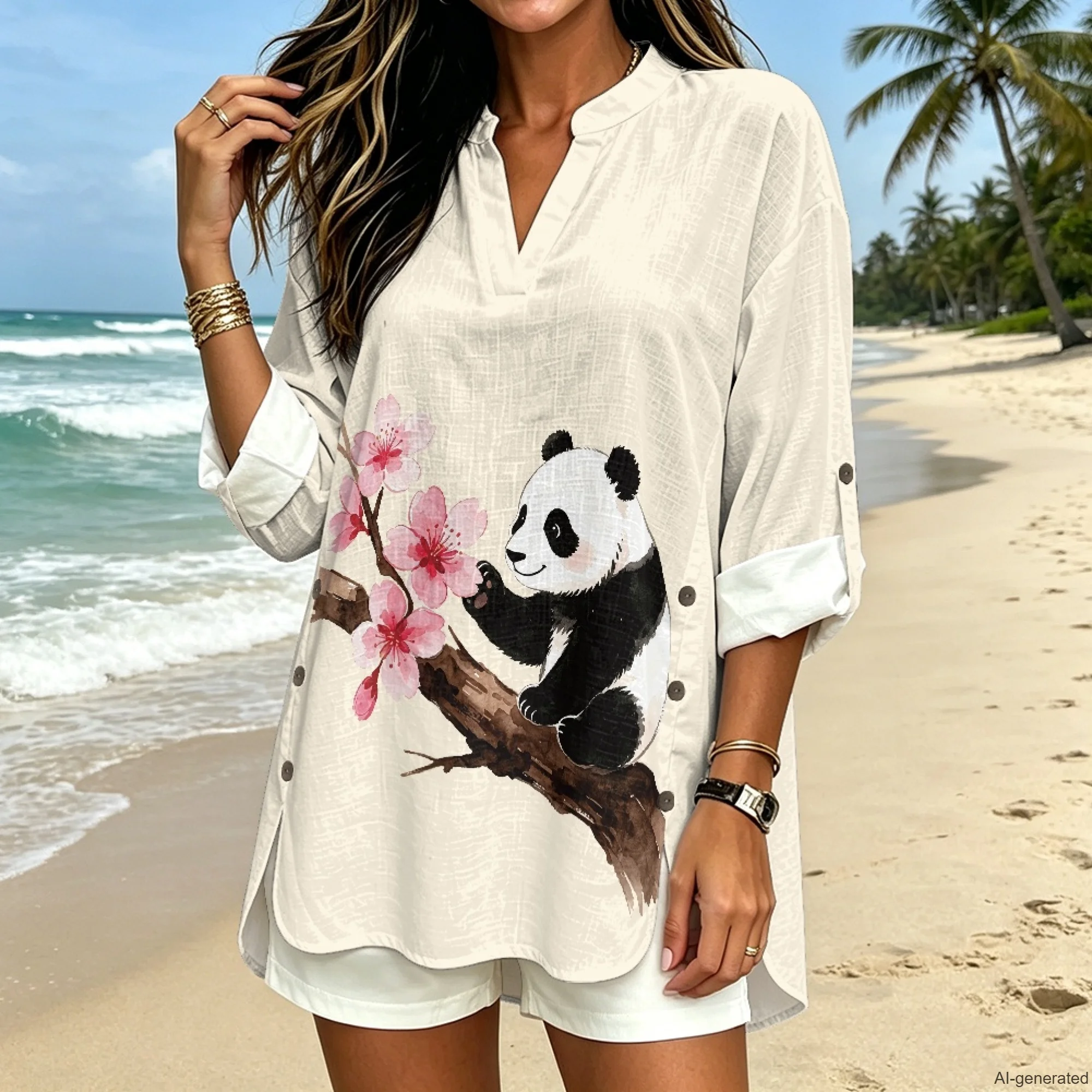 INSTANTARTS Blusas y camisas para mujer, camisa de lino con cuello en V, camisa Panda, Ropa Barata, camisas elegantes para mujer, S-3XL