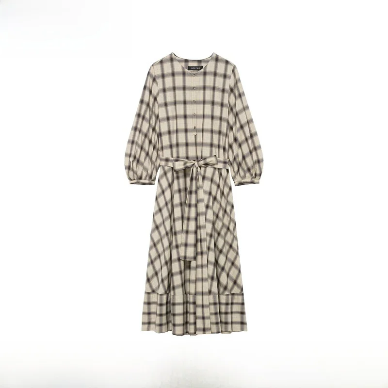 Herfst Winter Nieuwe Collectie vrouwen irt Dr Faionable Veelzijdige Plaid Sle Lange Sve ronde Ne A-lijn Rok Dr