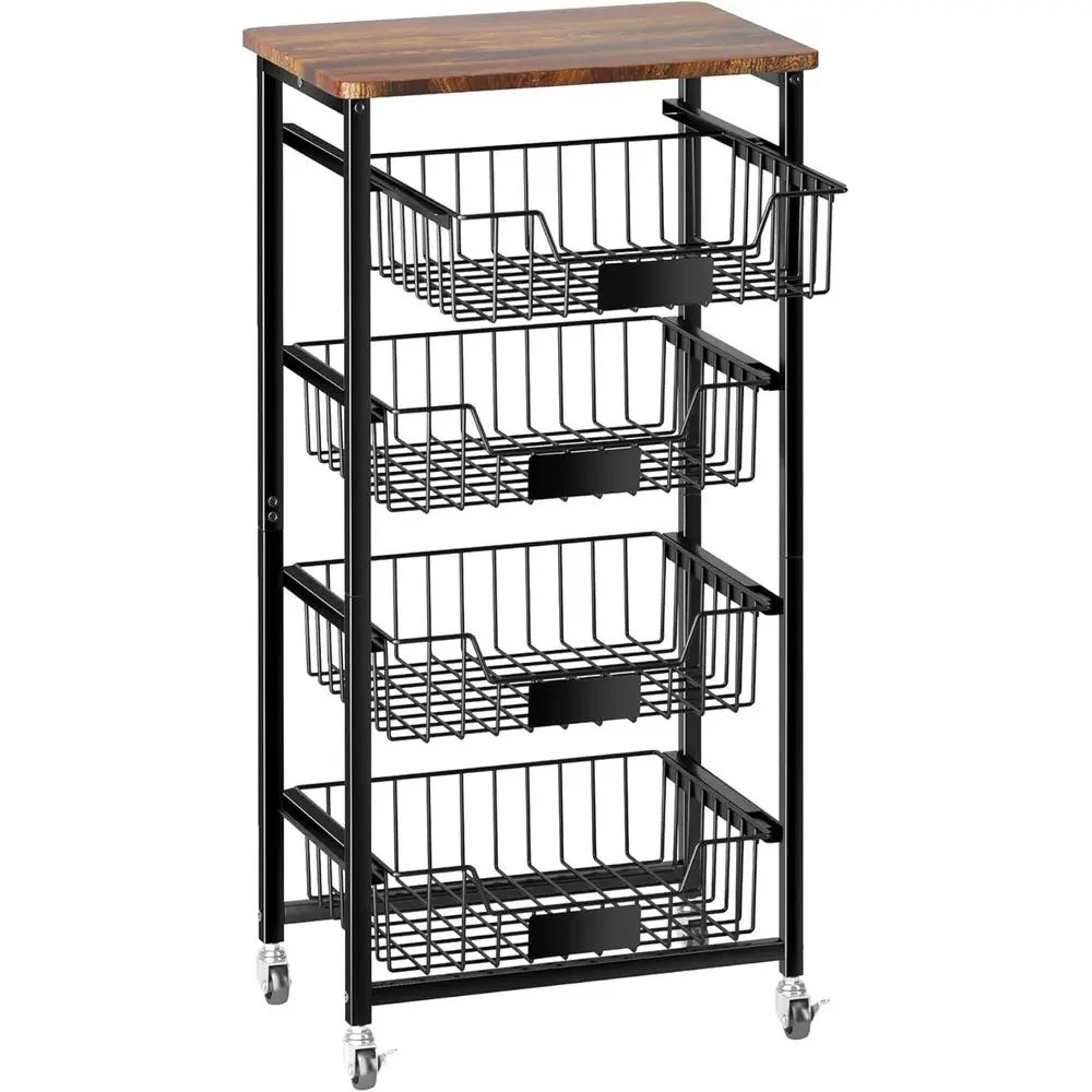 5-Tier Kitchen Storage Cart with 4 Der Basket & Wood Top | Mobile Rolling Pantry Organizers, Holds Potato, Onion, Drink, Can, Sn