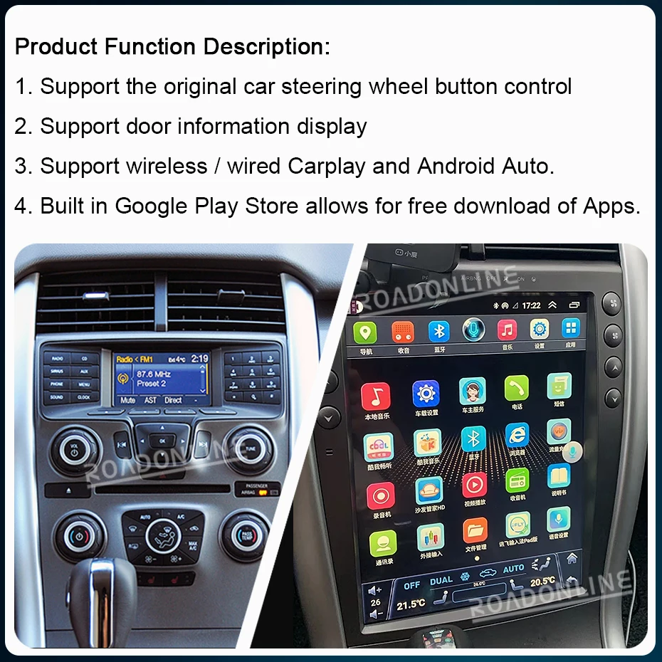 12.1” Android13 For Ford Edge 2011-2014 Car Multimedia Player GPS Stereo Radio Receiver Tesla Style Touch Screen 4G+WiFi CarPlay