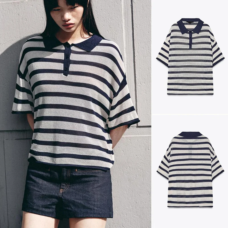 

Новая летняя женская вязаная рубашка с коротким рукавом, классический полосатый узор, универсальная, простая, с декоративными пуговицами, повседневная, свободного кроя