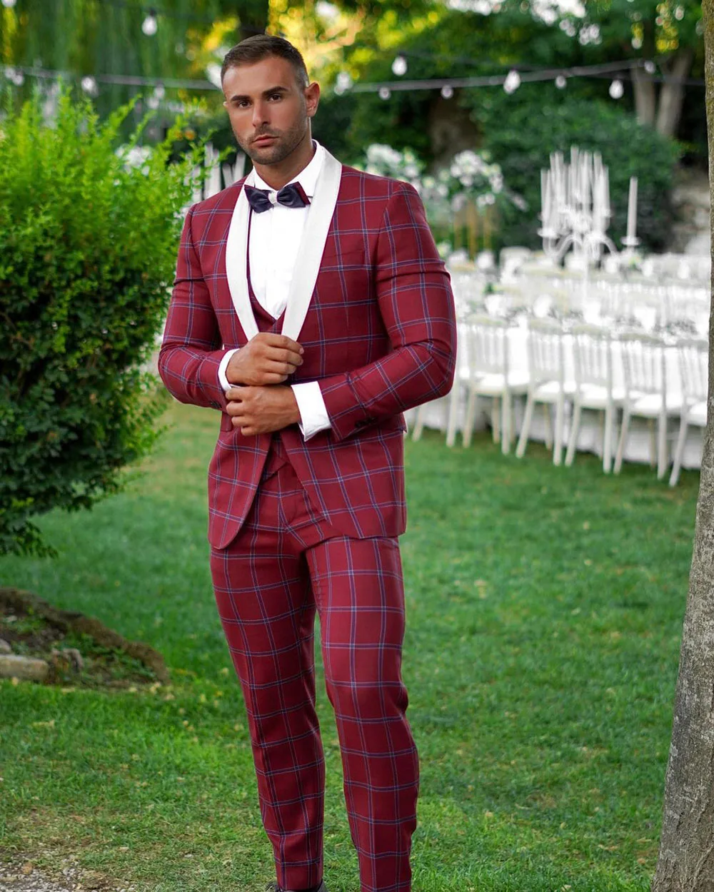 Abito da uomo rosso scuro su misura 3 pezzi Blazer gilet pantaloni monopetto Plaid formale Business causale festa quotidiana su misura