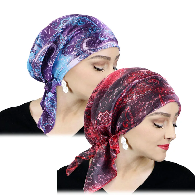 2PCS/LOT Popular Satin Printed Three-Comered Hat Women Fashion Pre-Tie Headscarf Comfortable Turban Cap Durag Wrap Head Hats