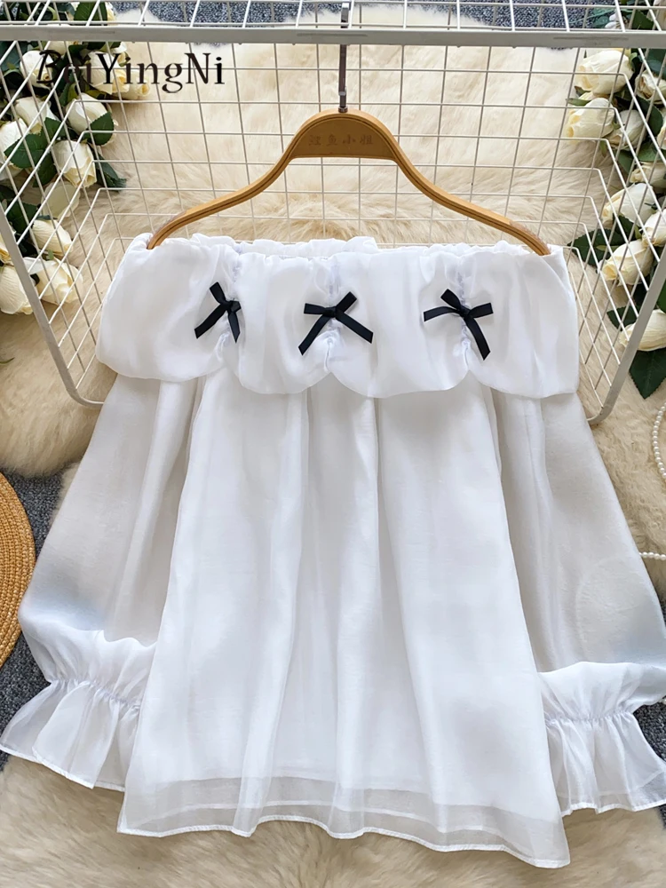 

Beiyingni Slash Neck Flare Sleeve Blouses Tops Women Bow Tie Casual Sexy Elegant French Female White Shirt Gentle Commute Blusas