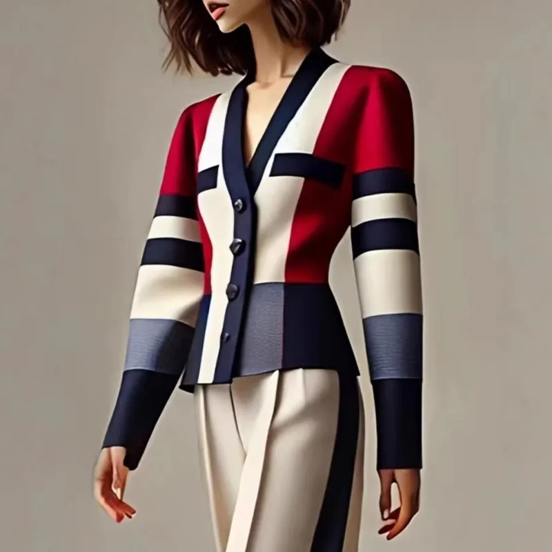 Women's Elegant 2 Piece Set Color Block V-Neck Blazer Top+High Waist Wide Leg Pants 2026 Autumn Outfit Luxury Formal Suit Office