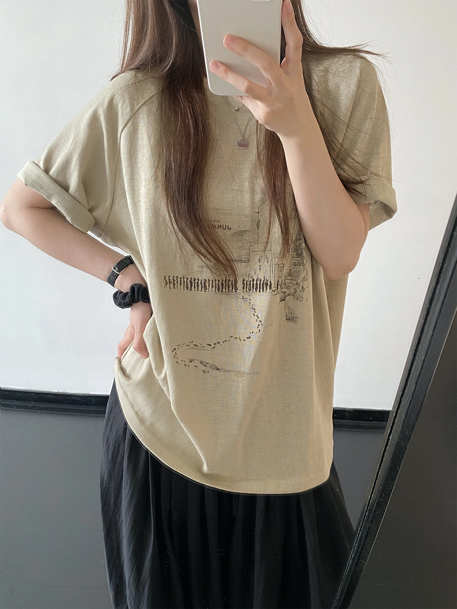 Loose Women's T-shirt Short Sleeve Sketch Print Korean Style Breathable Summer Top Sun You Bean Peony Castle Grey Hemp Charco...