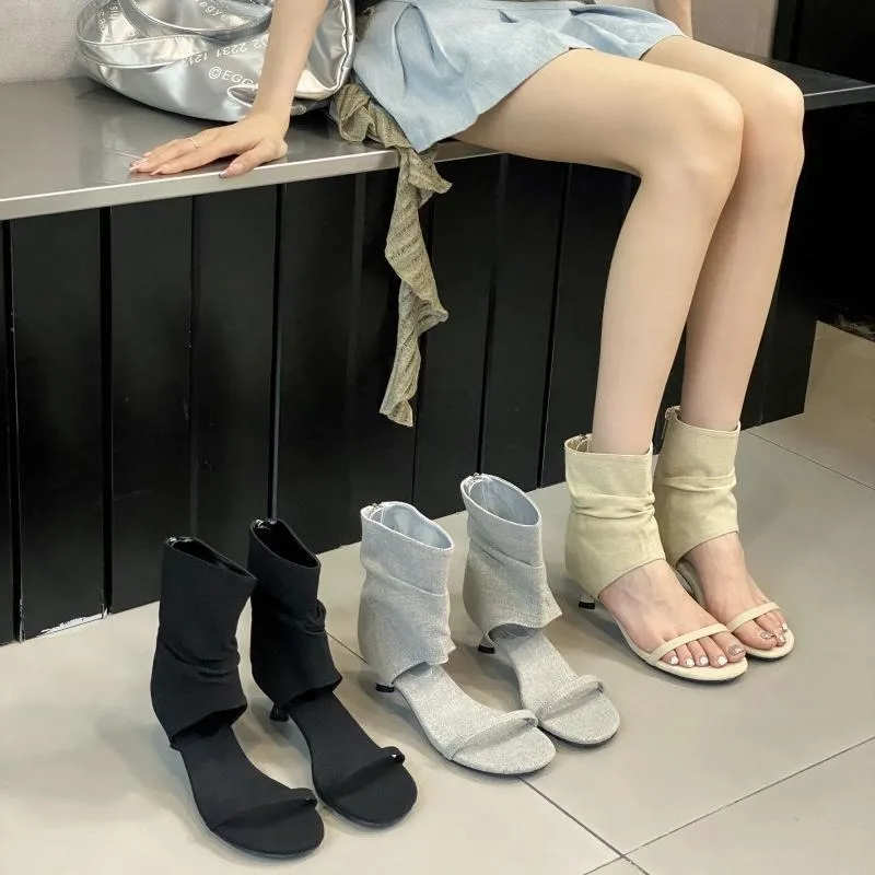 

2025 New Concise Open Toe Clip-On Denim Women's Boots Pleated Low Thin Heels Roman Booties Sandal Chaussures Femme Botines