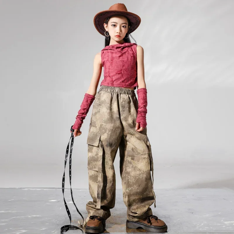 Girls Hip Hop Crop Hoodie Tops Camo Cargo Pants Teenage T-shirt Street Dance Shorts Kids Streetwear Children Jazz Clothes Sets