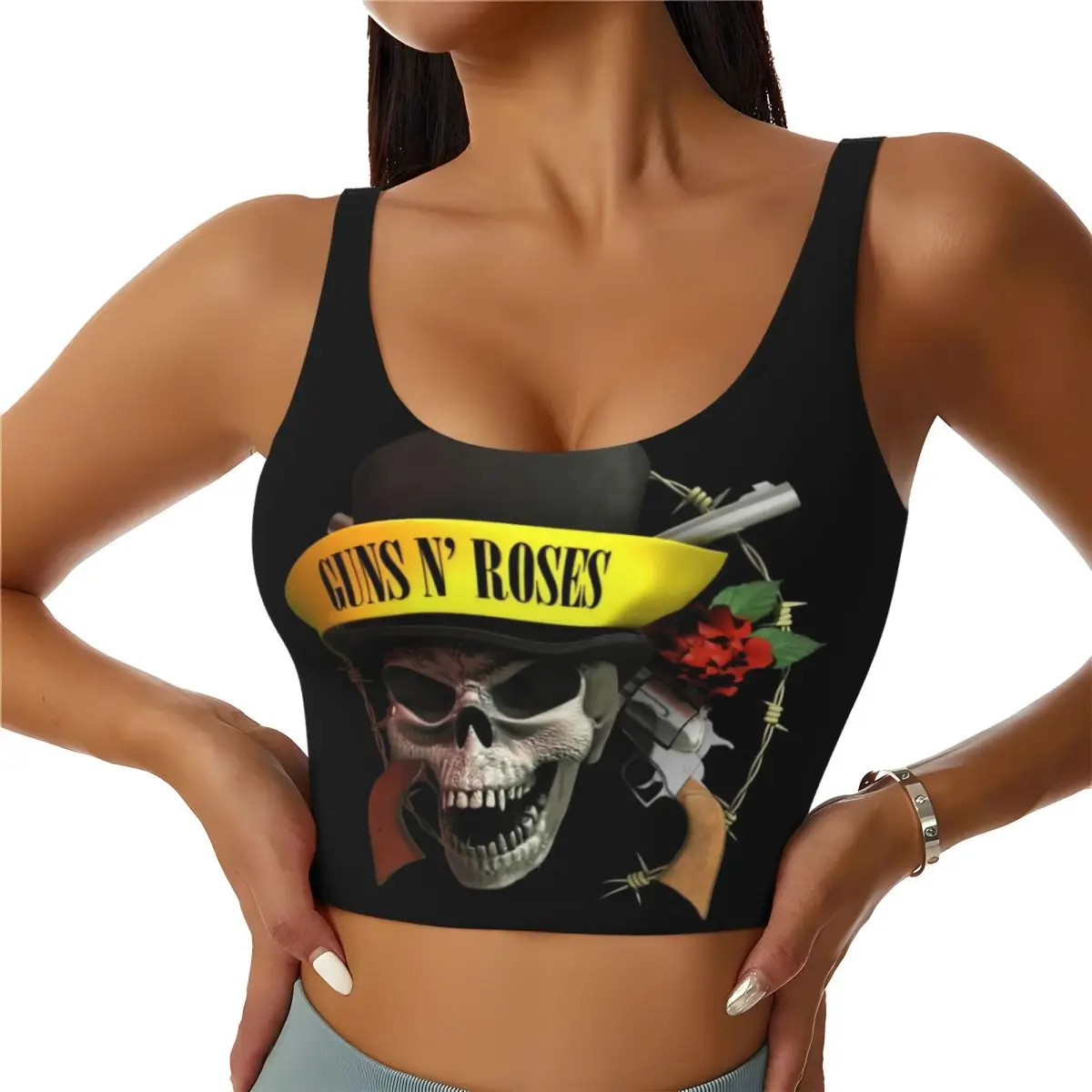 Custom Guns N Rose Logo Steampunk Music Print Sports Bra Women High Impact Workout Yoga Crop Top