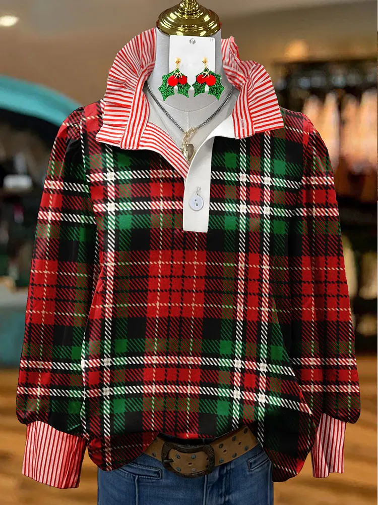 Christmas Plaid Striped Graphic Print Shirt