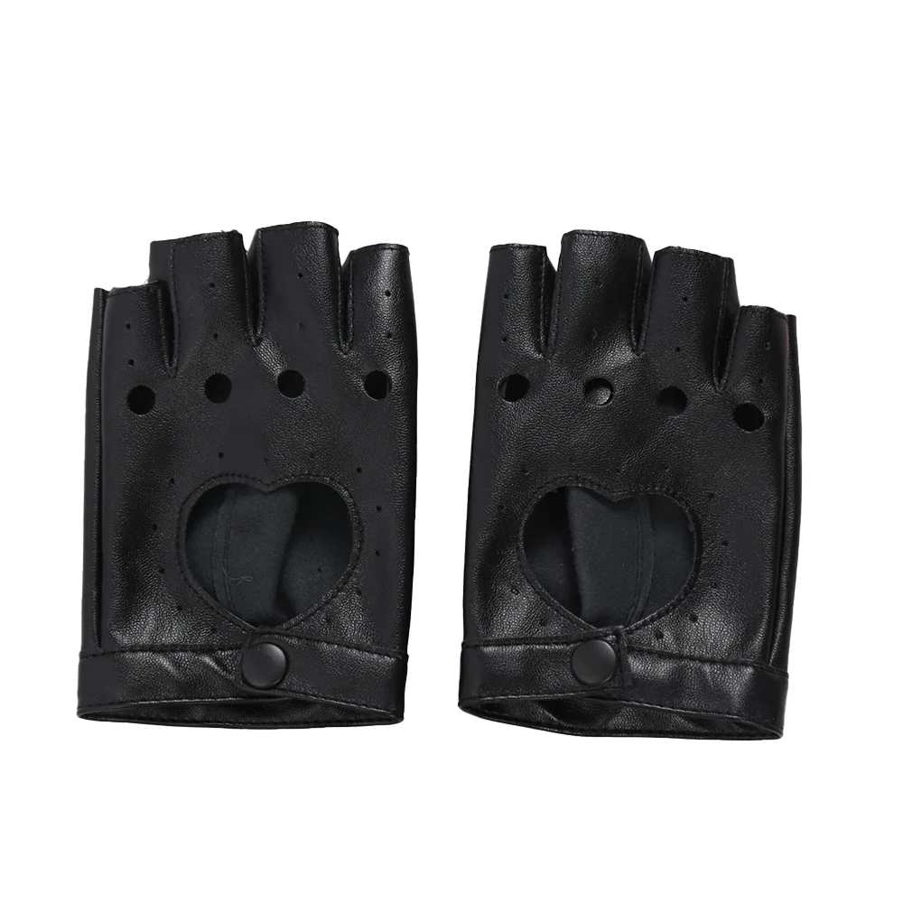 1 Pair Women Punk Hip-hop Five Finger PU Leather Black Driving Show Pole Dance Mittens Fingerless Heart Gothic Party Gloves