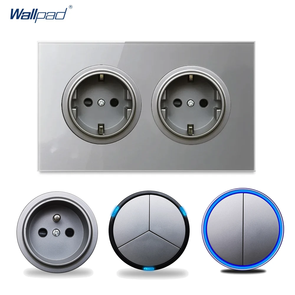 Wallpad Double EU Wall Socket French Electrical Outlet with Round LED Wall Switch, Grey Tempered Glass Panel, 146mm, L6