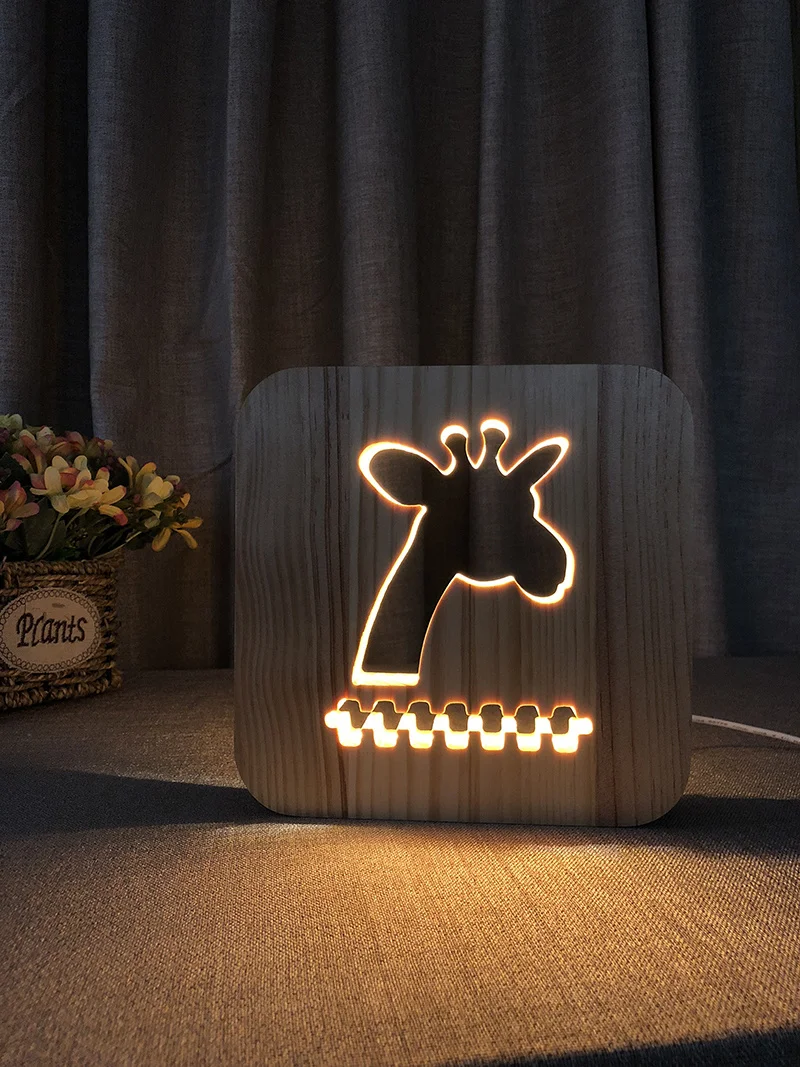 Wood Nightlight Cute Animal Dog Cat Lion Dolphin Seahorse Led Desk Lamp Gift Adult Children Bedside Lamp Decoration