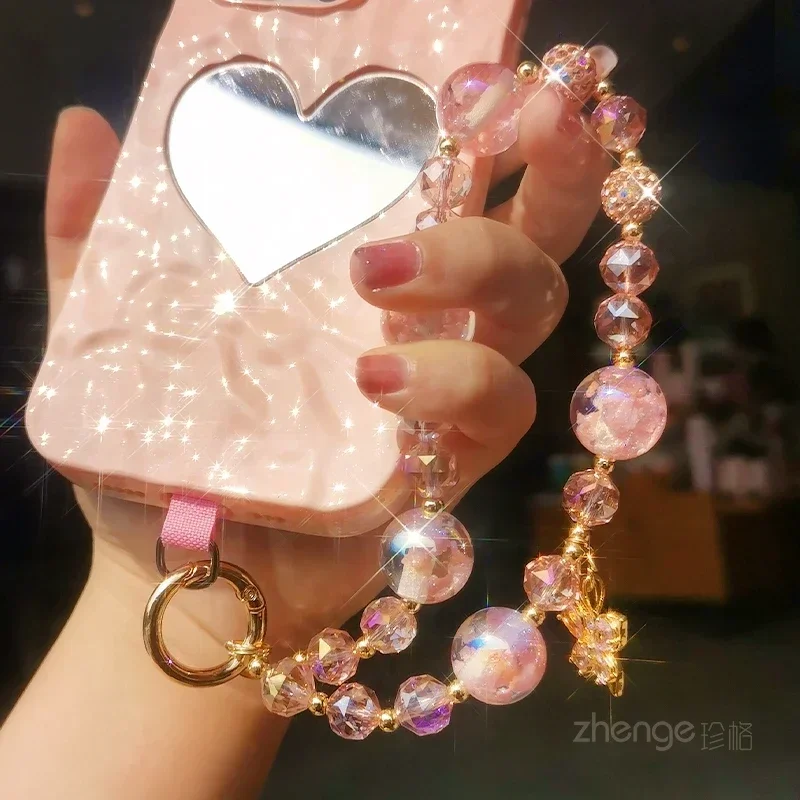 

Butterfly Crystal Beaded Bracelet Hand Beaded Girl Powder Pendant Mobile Phone Lanyard Mobile Phone Case Universal Clip Type