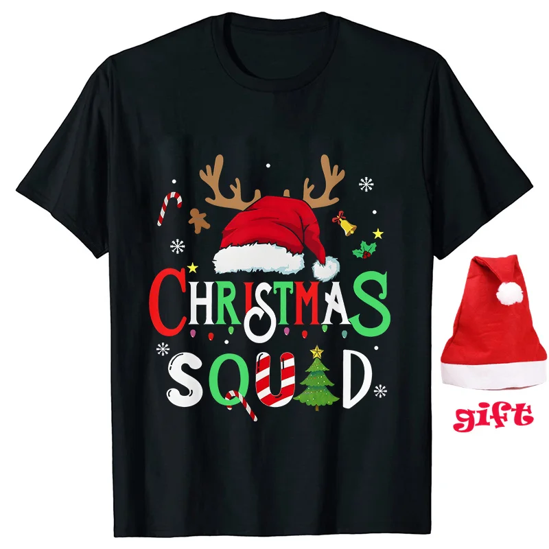 Christmas Squad Crew T Shirt Women Party Tops with Christmas Hats Fashion Santa Claus Graphic Xmas T-shirts Short Sleeve Tees