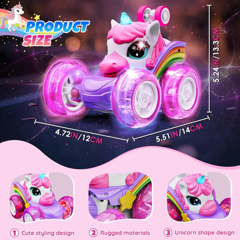 A remote control car girls, featuring 360° rotating four-wheel drive stunt car, cute lights, and rechargeable toy.