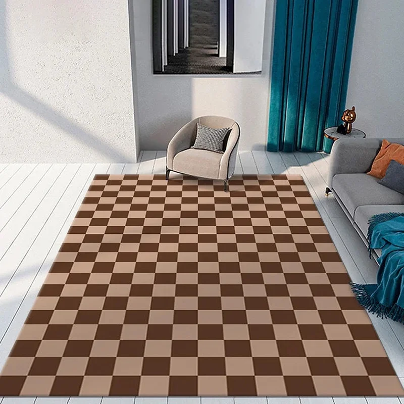 VIKAMA Retro Checkerboard Carpet Classic Brown Check Pattern Soft Large Area Rug Anti Slip Mat for Sofa Room Decor