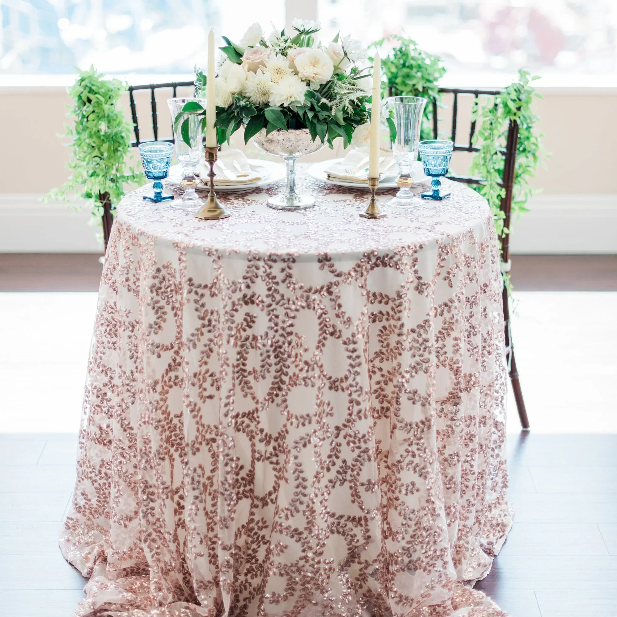 

Blush/Rose Gold Flora Sequins Tablecloth 120 Round, 132 Round Wedding Party Embroidered Tablecloth