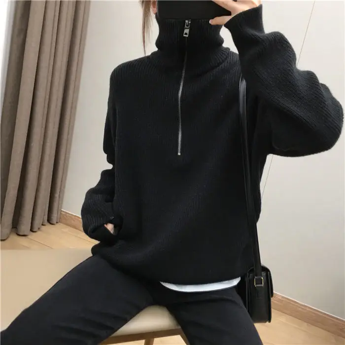 

Women's Turtleneck Zippers Fashion Women Sweaters Solid Green Blue Pullover Long Sleeve Casual Knitted Sweater Woman Winter 2022