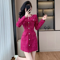 New High Quality Rose Red Plaid Tweed A Line Dress Fashion Women Autumn Pearls Beaded Tassel Long Sleeve Slim Bodycon Vestidos