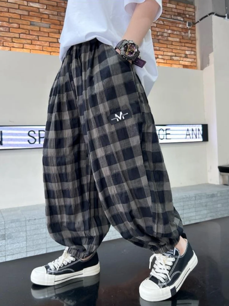 2026 New Boys Mosquito Pants Summer Thin Plaid Harem Pants Lightweight Breathable Loose Trousers Stylish Casual Kids Clothing