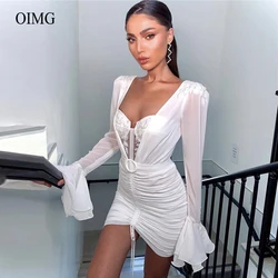 OIMG Fashion Short Wedding Dresses Long Sleeves Applique Stones Pleats Mini Sexy Bride Gowns Night Event Party Dress Outfit
