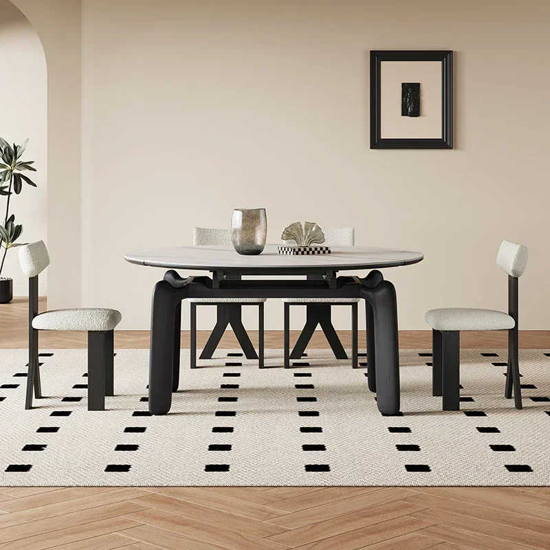 Retractable rock slab, variable round table, medieval solid wood dining table