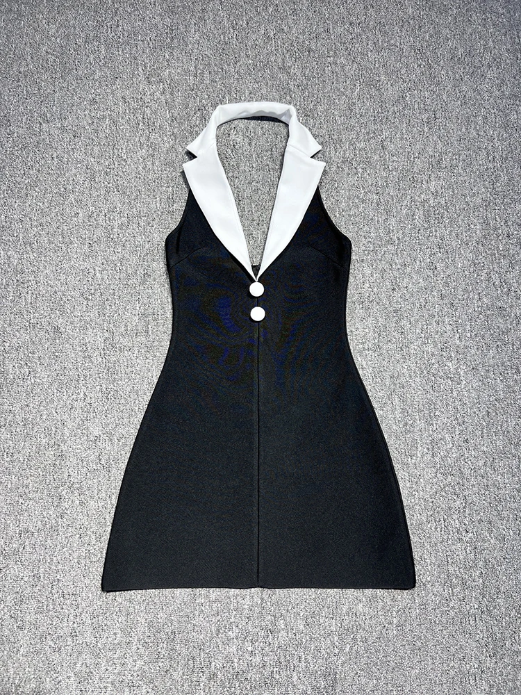 

Черные мини-платья с контрастными лацканами, платье трапециевидной формы без рукавов с v-образным вырезом и пуговицами с открытой спиной, летняя коктейльная вечеринка, клубная одежда