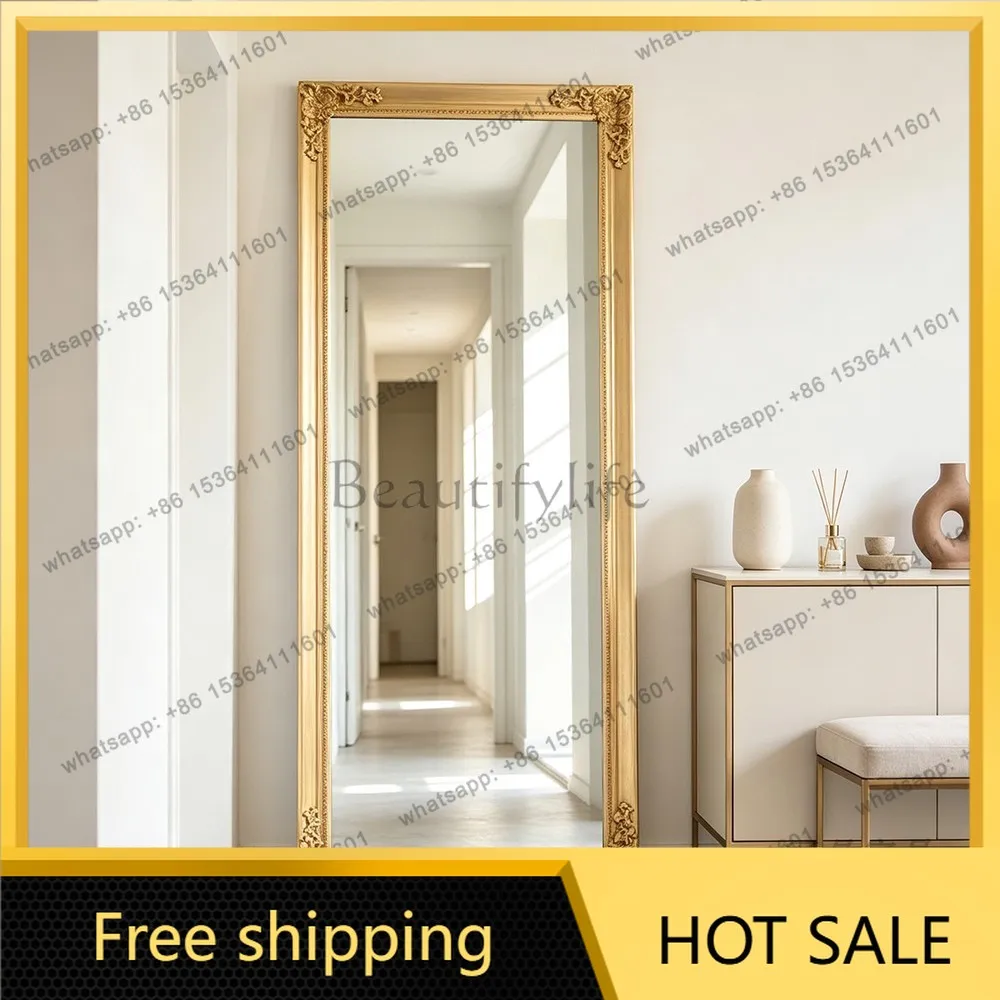 YJ Modern Minimalist Mid‑Century Square Full‑Length Mirror Retro Carved Leaning Unit For Cloakroom Dressing Home Decor
