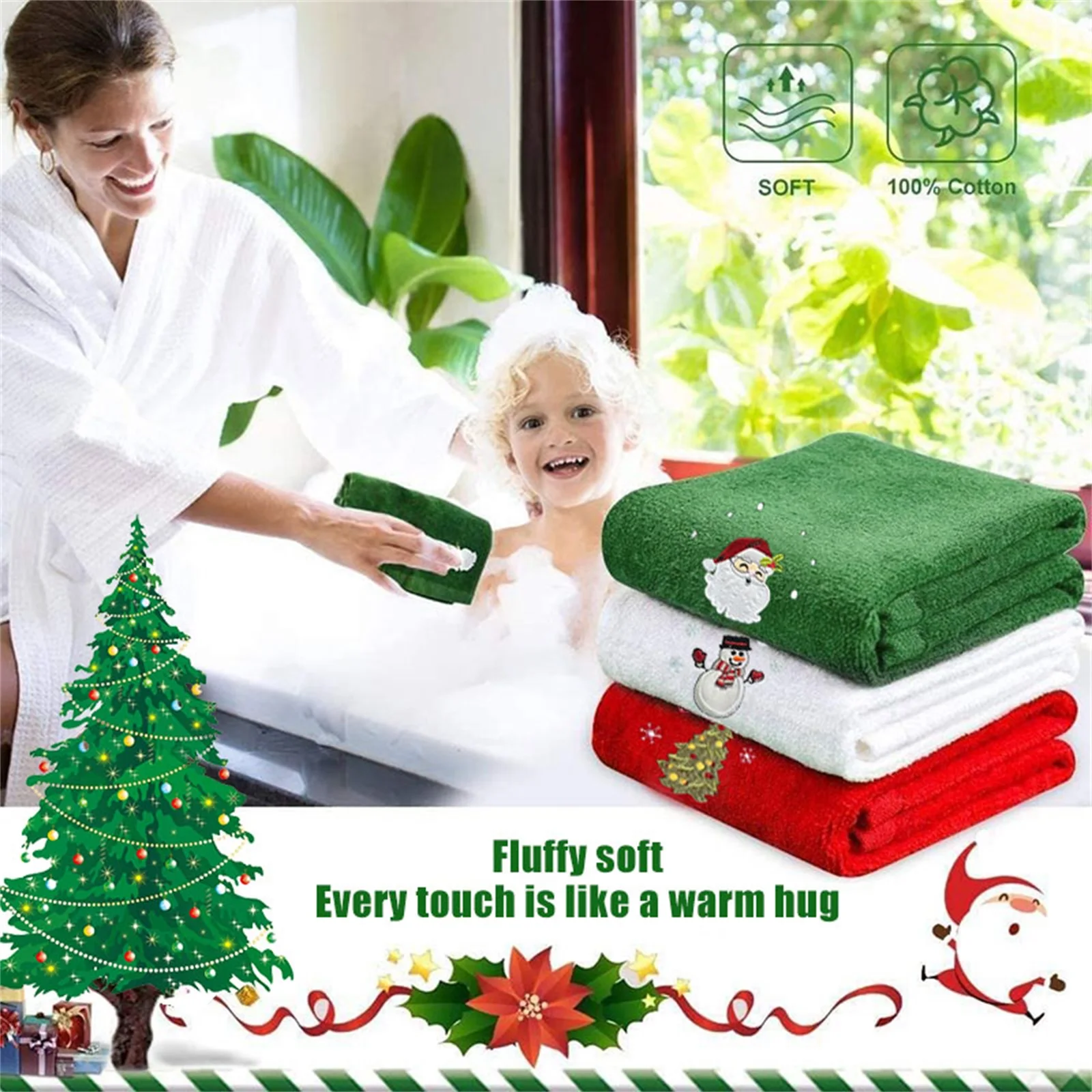 2024 New Year Towel Classic Solid Xmas Tree/Snowman/Santa Claus Embroidery Bath Towel 45x30cm Christmas Hand Towels Set