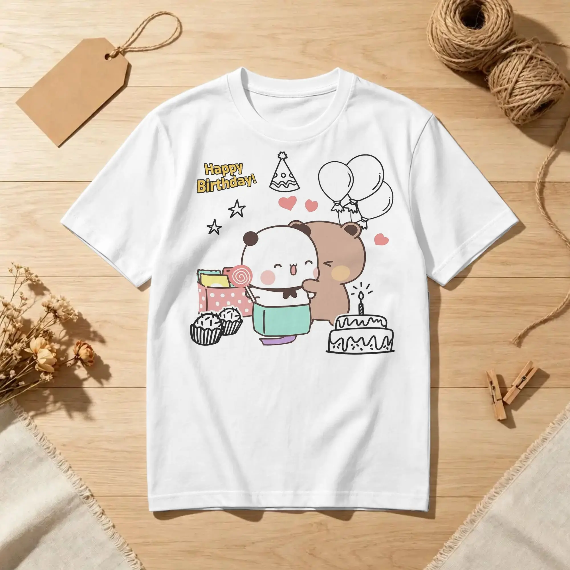 Happy Birthday Bubu Dudu for Men Women T Shirts Panda Bear Tee Shirt Short Sleeve Crew Neck T-Shirts Cotton Printing Clothes