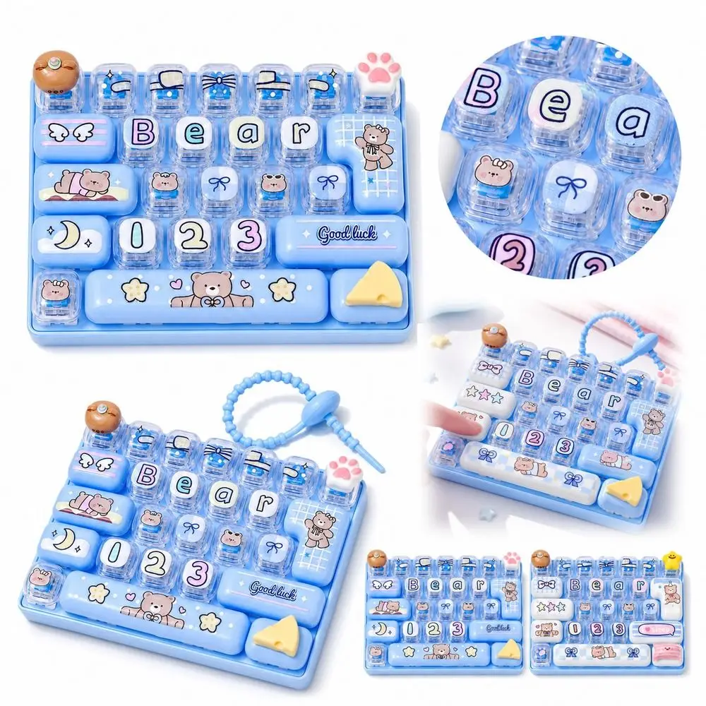 Portable 26 Key Stress Relief Decompression Plastic Multi-Button Keyboard Blue Cartoon Bear Fidget Keychain Sensory Play