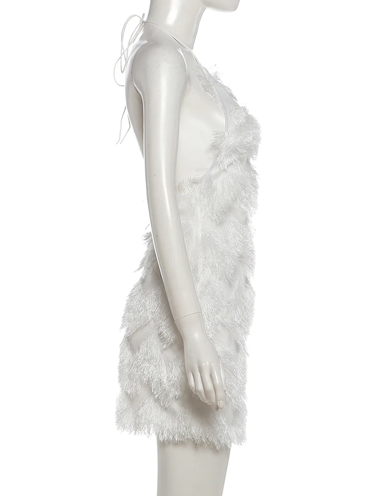 Weird Puss Furry Tassel Mini-Kleid für Damen, mit Schnürung, Neckholder, rückenfrei, figurbetont, Pfirsichfarben, für Mitternachtsclub-Partys, sexy, modisch, Bodycon – Detail 4