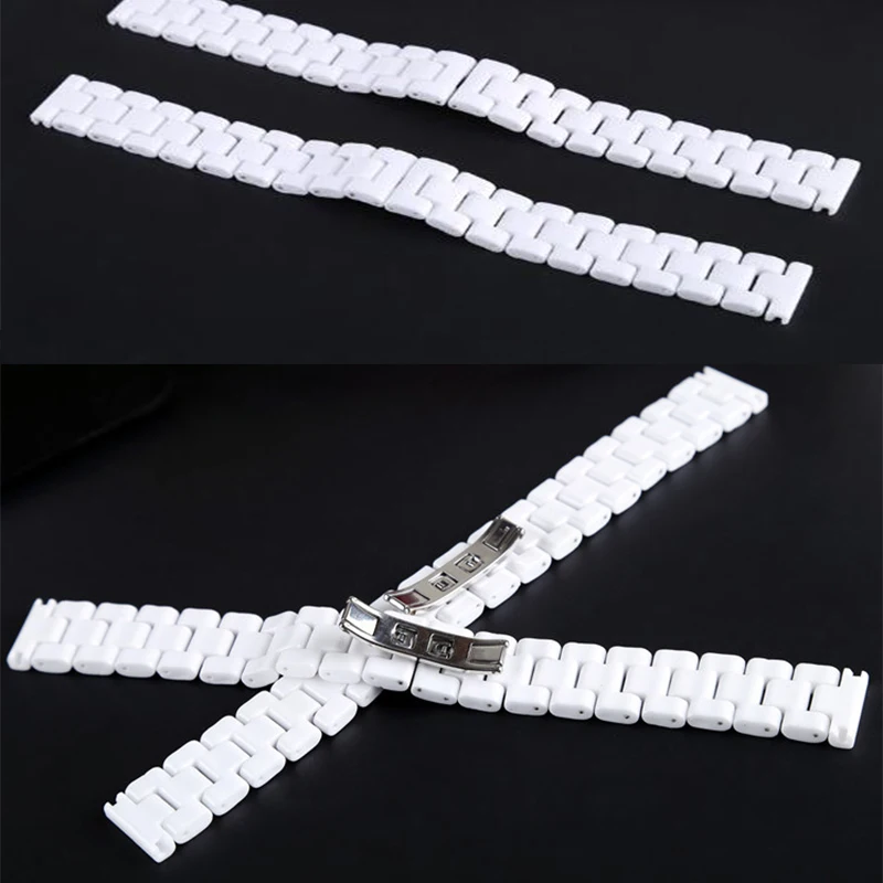 White Ceramic Watchband Watchstrap Wristband Bracelet with Stainless Steel Buckle for Women Men14mm 16mm 18mm