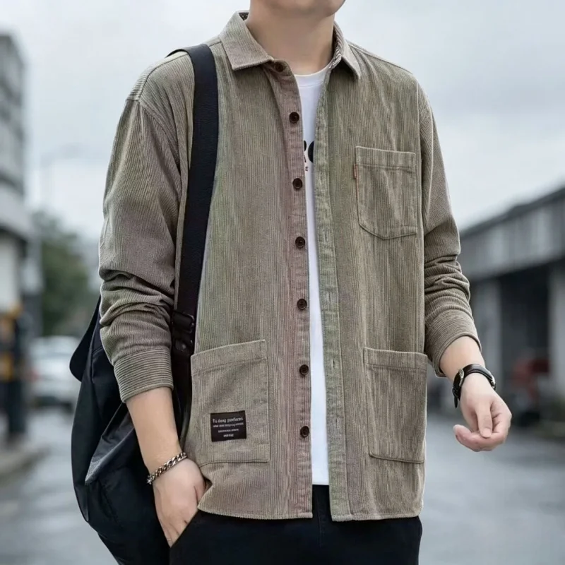 QICHE 2026 New Autumn Men Corduroy Shirt Jacket Loose Multi Pocket Warm Casual Outerwear