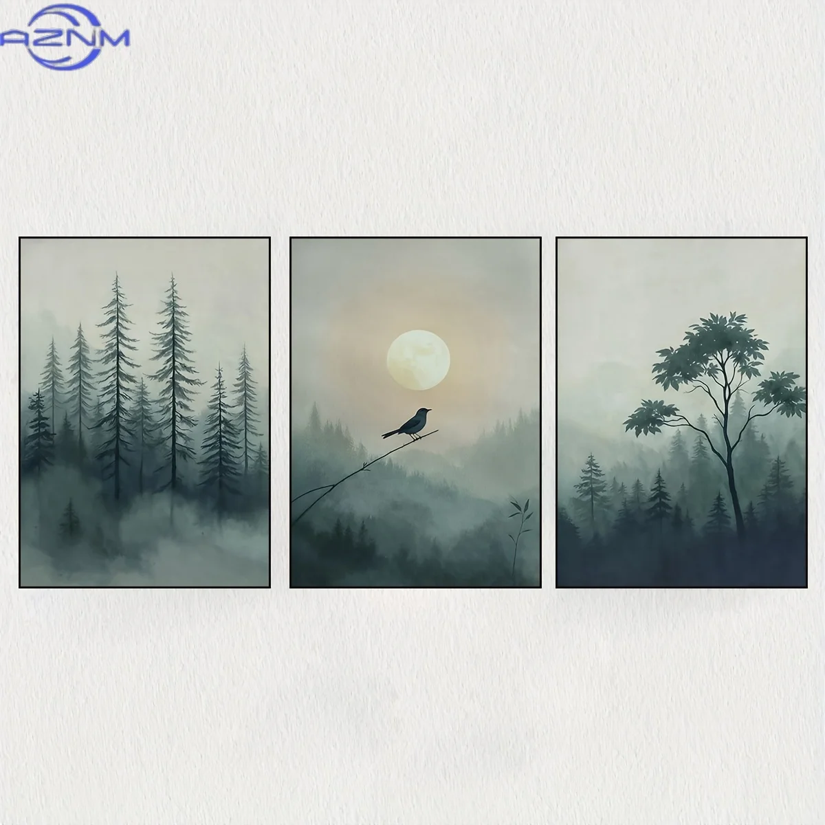 3pcs/set Misty Mountain Sunrise Print, Peaceful Natural Landscape Decor Poster, Minimalist Bird on Branch Wall Art, High-Quality