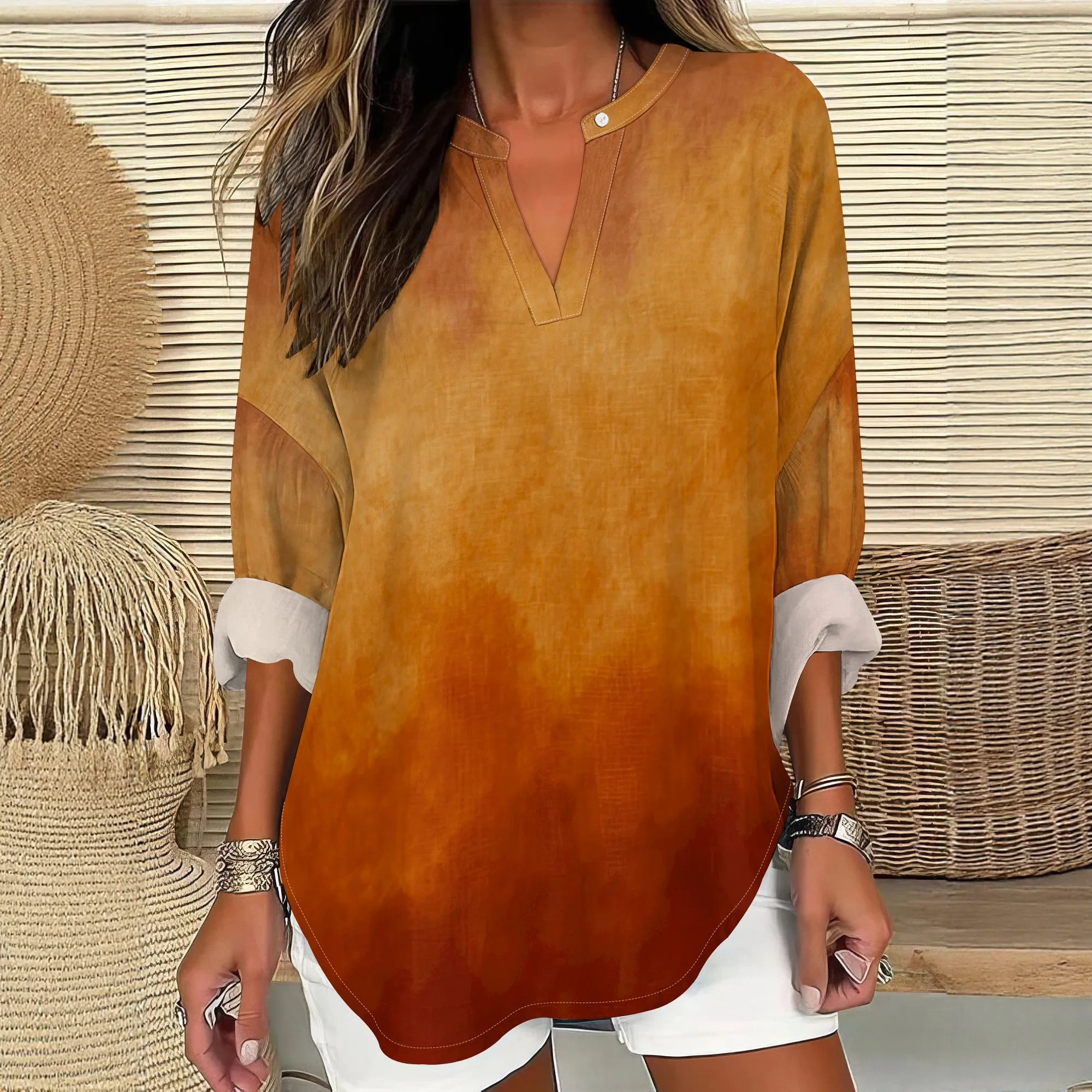Tie Dye สไตล์เสื้อผู้หญิง V คอเสื้อแขนยาวน่ารักพิมพ์ Casual หลวม Fit Summer Beach Tunic Tops