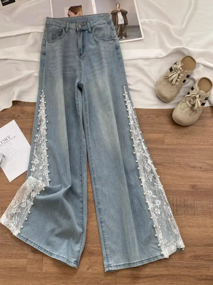 plus Size Pearl Lace Splicing Jeans Loose Casual Wide Leg Pants High Waist Straight Cut Daily Wear Comfortable Fit Ladies Tro...
