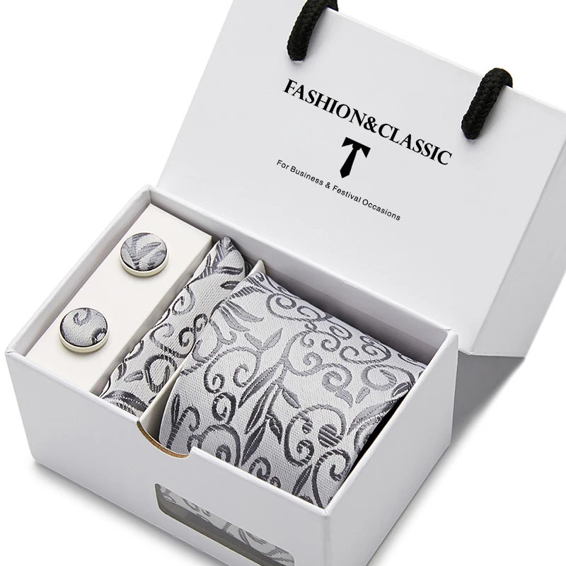 Hochwertiges 7,5 cm schwarzes, solides Herren-Krawatten-Taschentuch-Manschettenknöpfe-Set für Männer, Hochzeitskrawatten, Gravatas in Geschenkbox – Detail 18