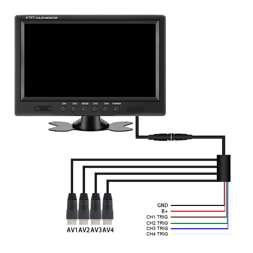 9 Inch Backup Camera Monitor Quad Split Screen 4 Channels Rear View Reverse Display for 4-pin Aviation Connector Analog Cameras