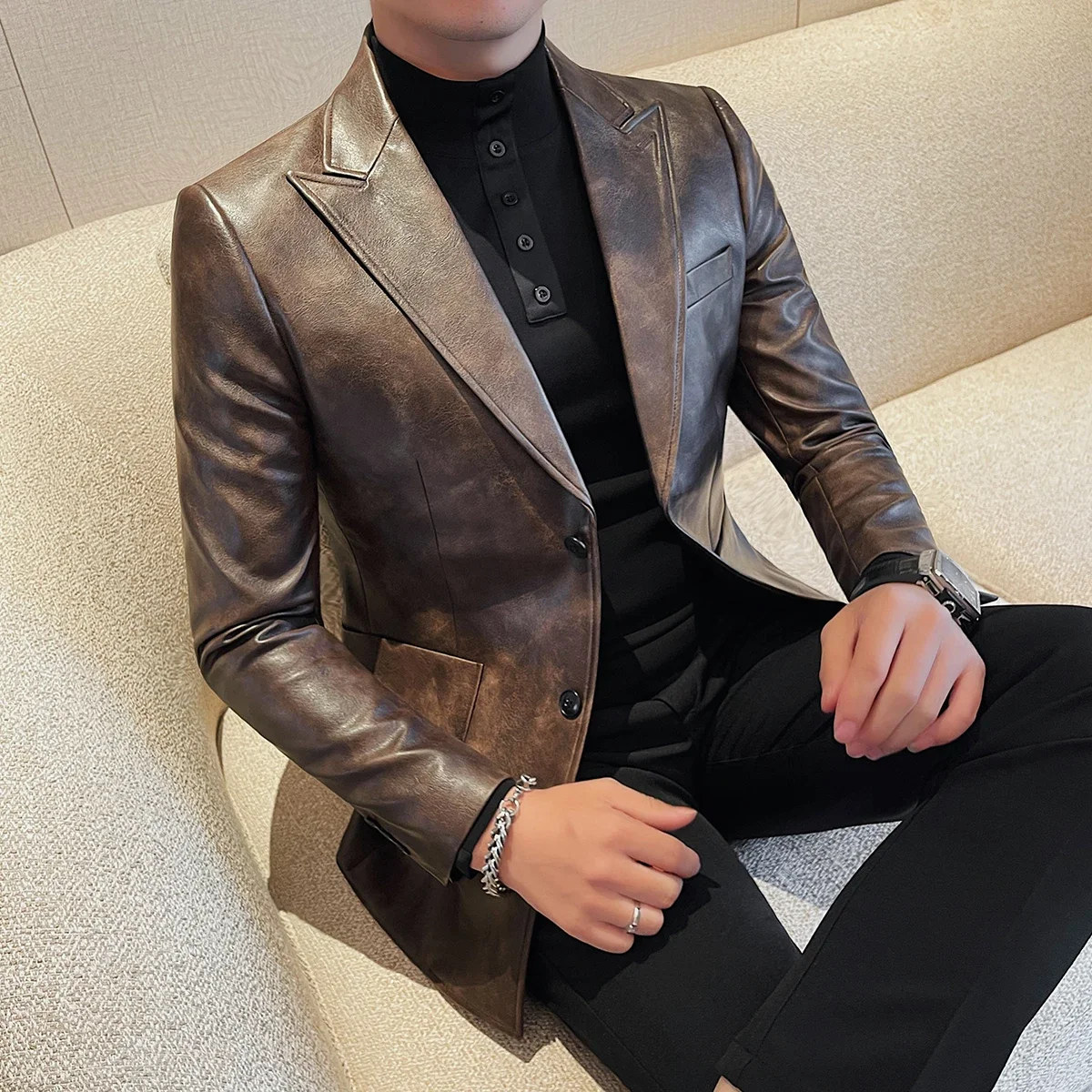 Classics Autumn Winter Leather Suit Jackets Dress Men Solid Slim Casual Business Blazer Office Wedding Social Dress Men Clothing