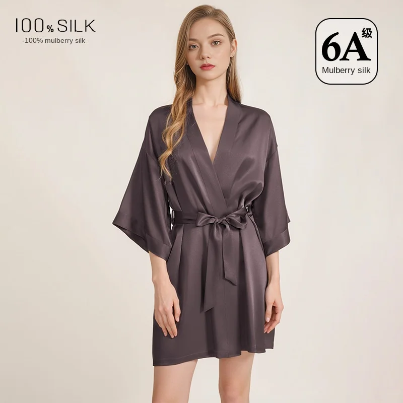 100 Mulberry Silk Robe for Women Luxury French Style Short Silk Kimono Elegant Satin Sleepwear Loungewear Bridal Dressing Gown