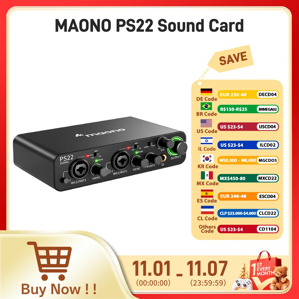 MAONO-PS22 USB Audio Interface for PC,60dB Pro-Preamp, 24bit 192kHz,Dual USB Interface for PC and Smartphone, Routing Software