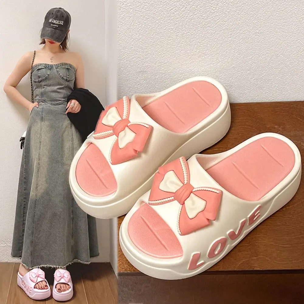 

Fashion 6.5cm Bow-knot Platform Slippers Flat Comfort House Slippers Non-Slip Flip Flops Outdoor Beach