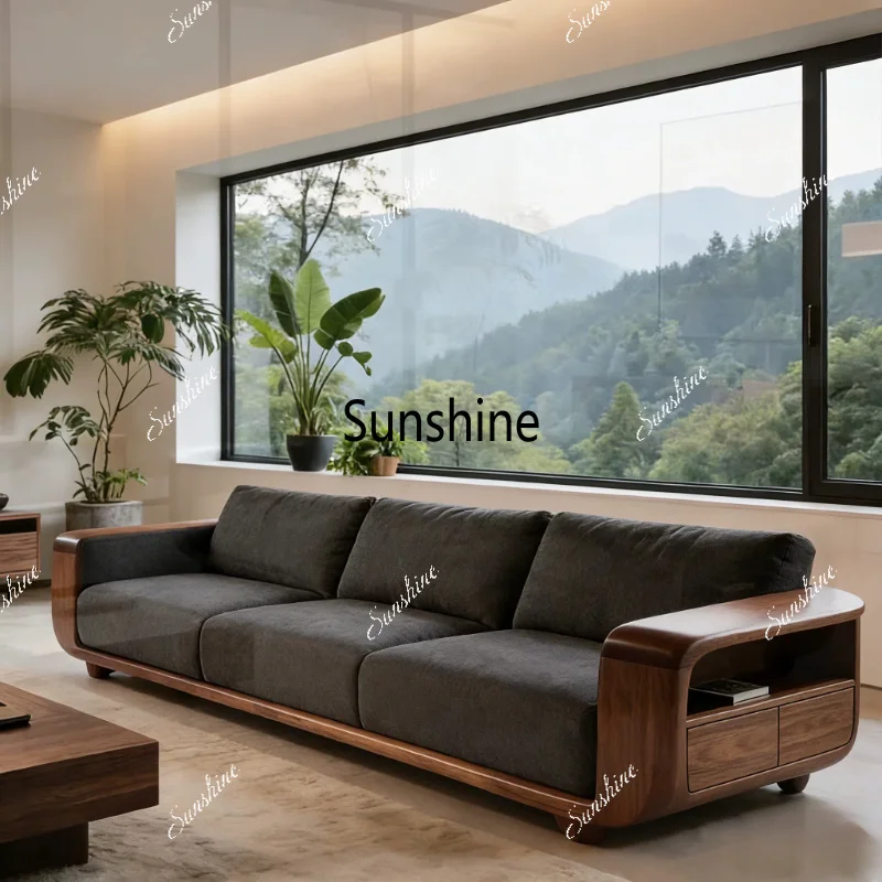 

New Chinese high-end light luxury leather solid wood storage sofa style trendy furniture