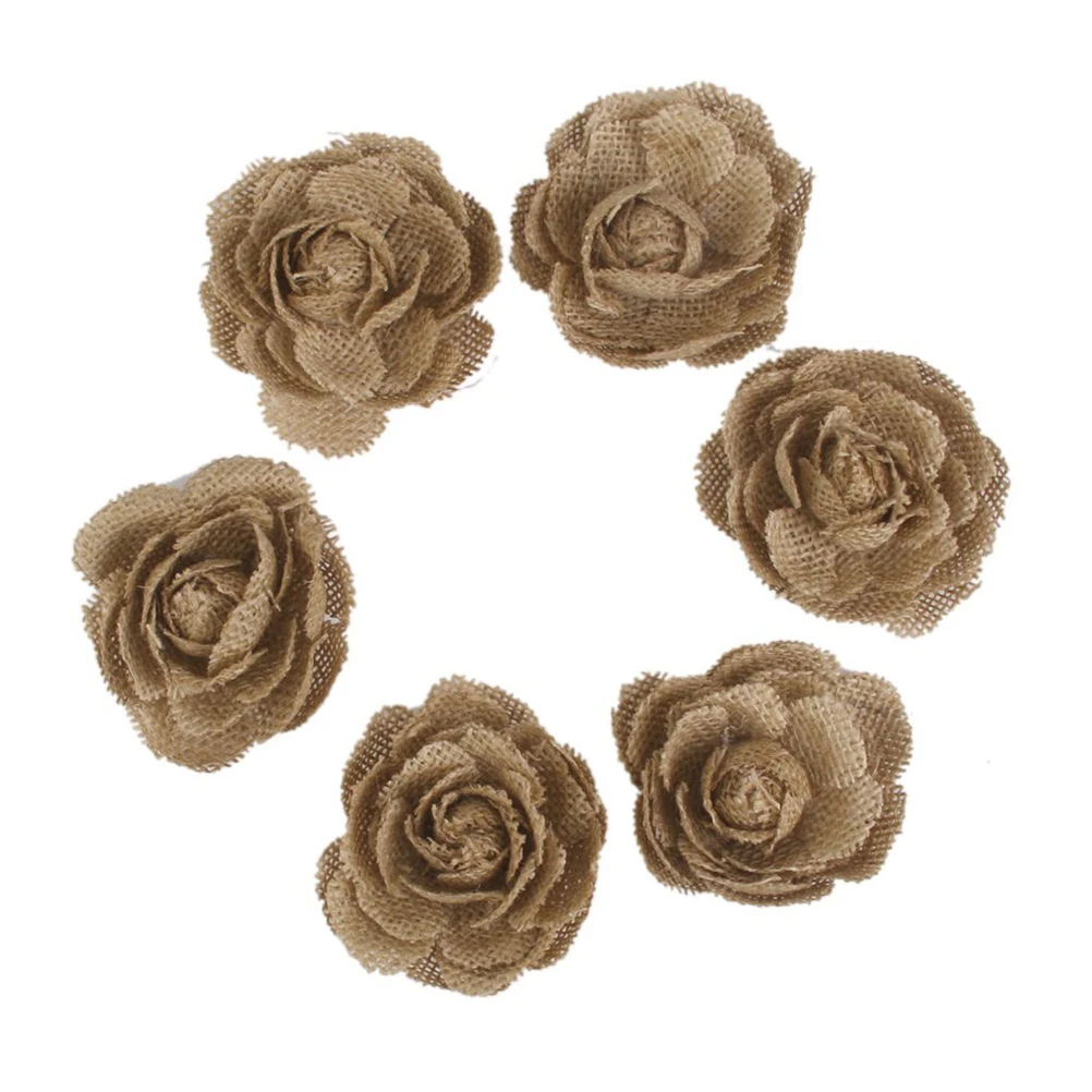 

6pcs Rose Flowers Handmade Brown 7Cm Wedding Party Decoration Craft Burlap Flower Rustic Burlap Roses For Crafts