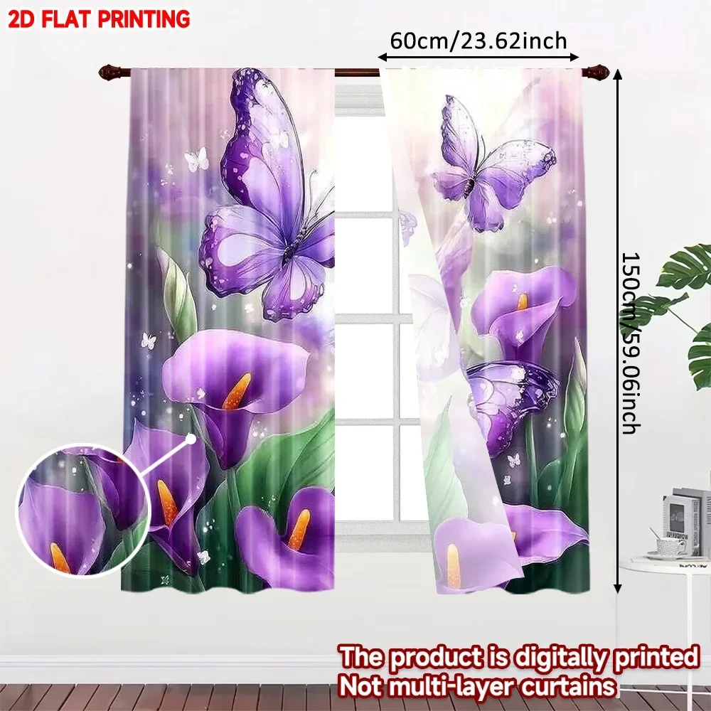 2pcs Purple Butterfly Calla Lily Curtains Digital Printing, Vibrant Butterfly and Flower Pattern for Bedroom Living Room Decor