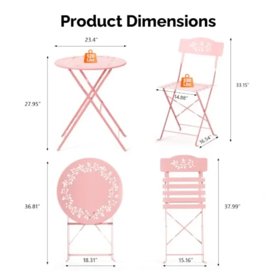 Outdoor Folding Bistro Table and Chairs Set of 2, 3-Piece Bistro Set with Olive Leaf Cutout Design and Comfortable Cushions for