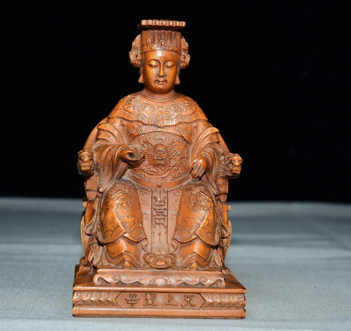 Folk Collection Old Boxwood Mazu immortal statue Poseidon Protecting safety family harmony Amitabha Buddha