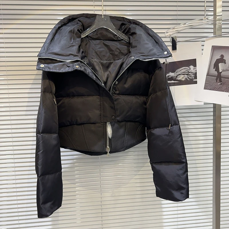 Vrouwen dubbele rits ontwerp gevoel trekkoord hoge hals korte witte eend donsjack 2025, winter nieuwe dikke casual warme jas